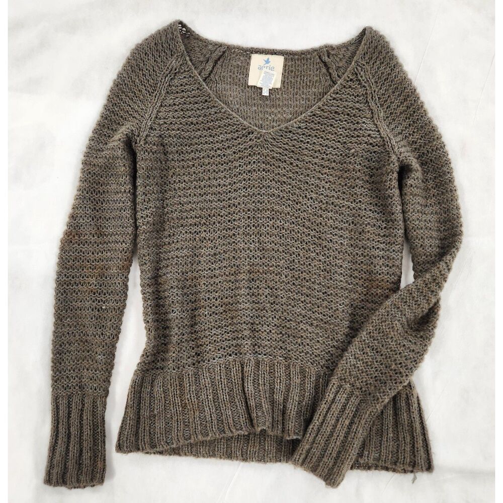 Aerie Mohair Wool Blend Open Knit V-Neck Fuzzy Sweater Women’s M Olive Taupe